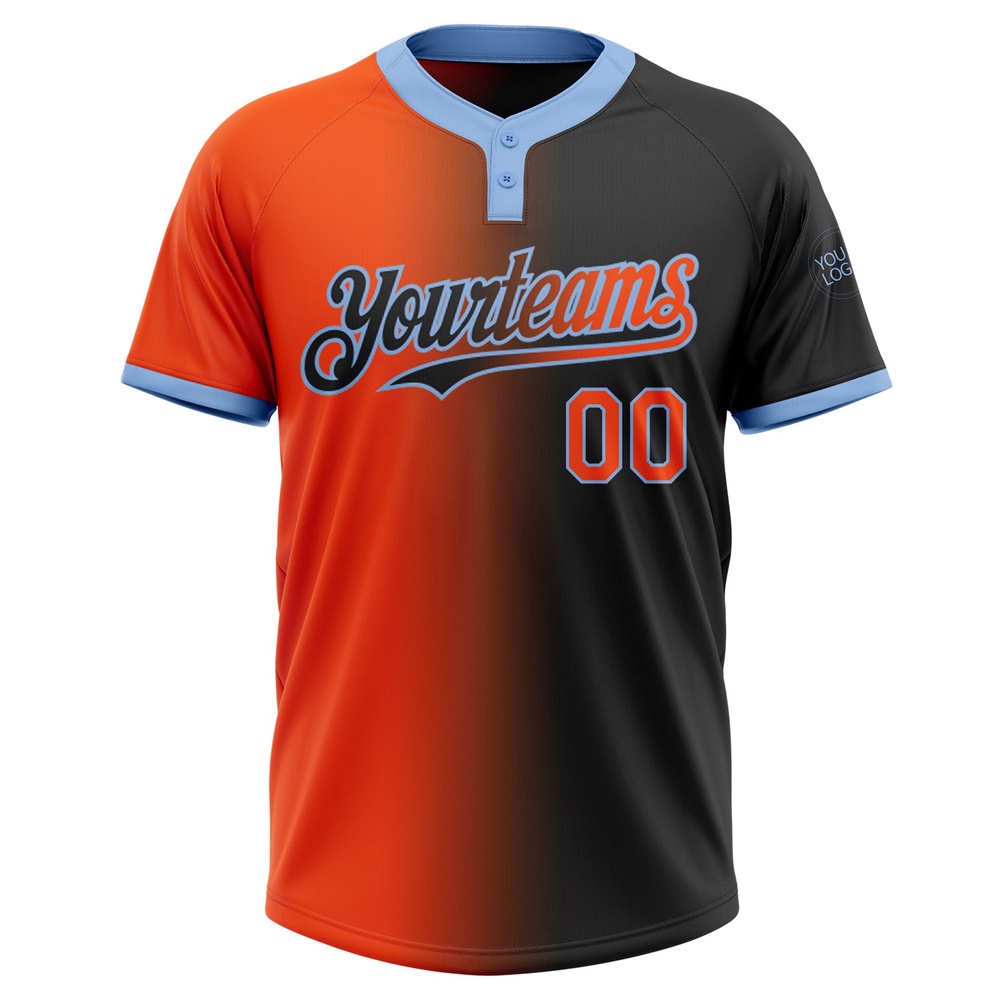 Black Orange Light Blue Gradient Fashion Two Button Unisex Softball Jersey, Custom Team Softball Jersey Black Orange Light Blue Gradient Fashion Two Button Unisex Softball Jersey, Custom Team Softball Jersey