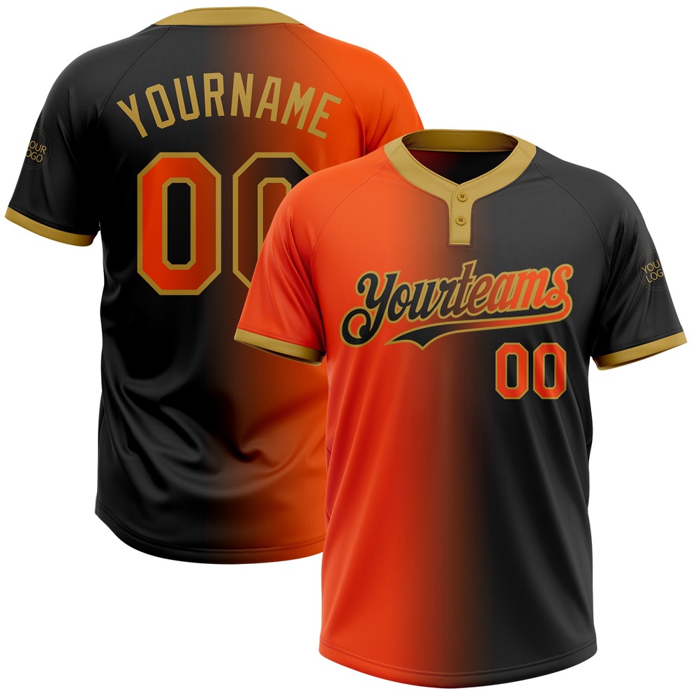 Black Orange Old Gold Gradient Fashion Two Button Unisex Softball Jersey, Custom Team Softball Jersey