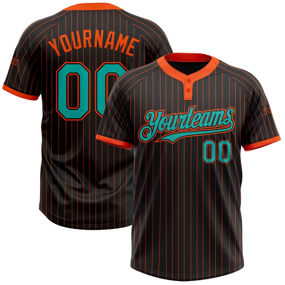 Black Orange Pinstripe Aqua Two Button Unisex Softball Jersey, Custom Team Softball Jersey Black Orange Pinstripe Aqua Two Button Unisex Softball Jersey, Custom Team Softball Jersey