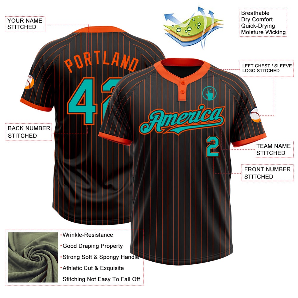 Black Orange Pinstripe Aqua Two Button Unisex Softball Jersey, Custom Team Softball Jersey Black Orange Pinstripe Aqua Two Button Unisex Softball Jersey, Custom Team Softball Jersey