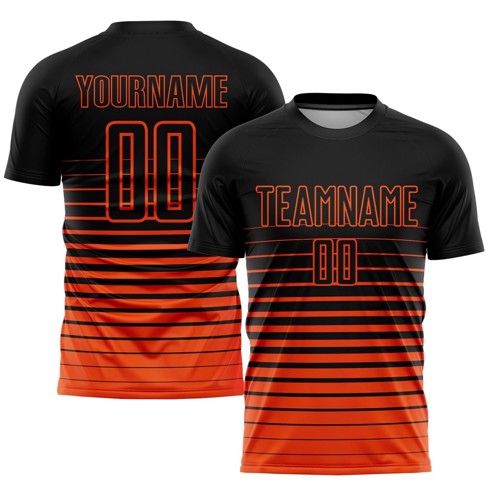 Black Orange Pinstripe Fade Fashion Sublimation Soccer Uniform Jersey, Custom Team Soccer Jersey Shirt