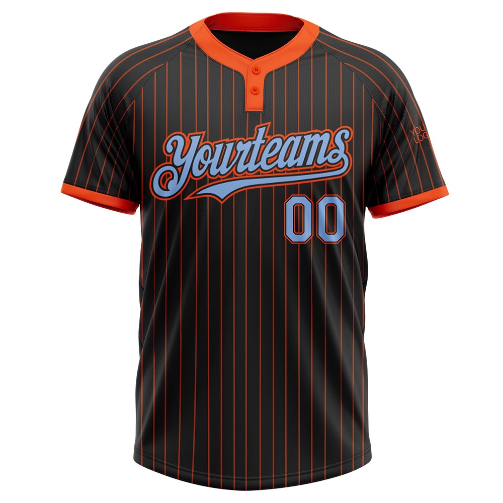 Black Orange Pinstripe Light Blue Two Button Unisex Softball Jersey, Custom Team Softball Jersey Black Orange Pinstripe Light Blue Two Button Unisex Softball Jersey, Custom Team Softball Jersey