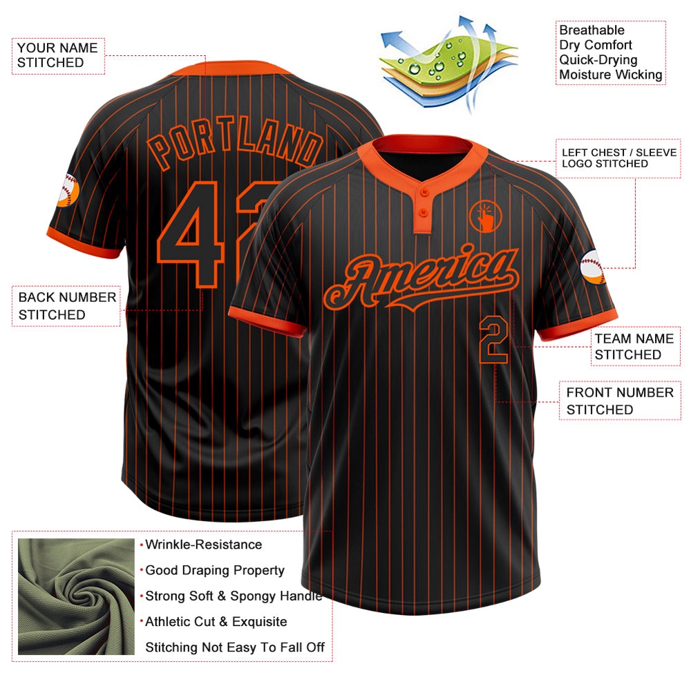 Black Orange Pinstripe Orange Two Button Unisex Softball Jersey, Custom Team Softball Jersey Black Orange Pinstripe Orange Two Button Unisex Softball Jersey, Custom Team Softball Jersey