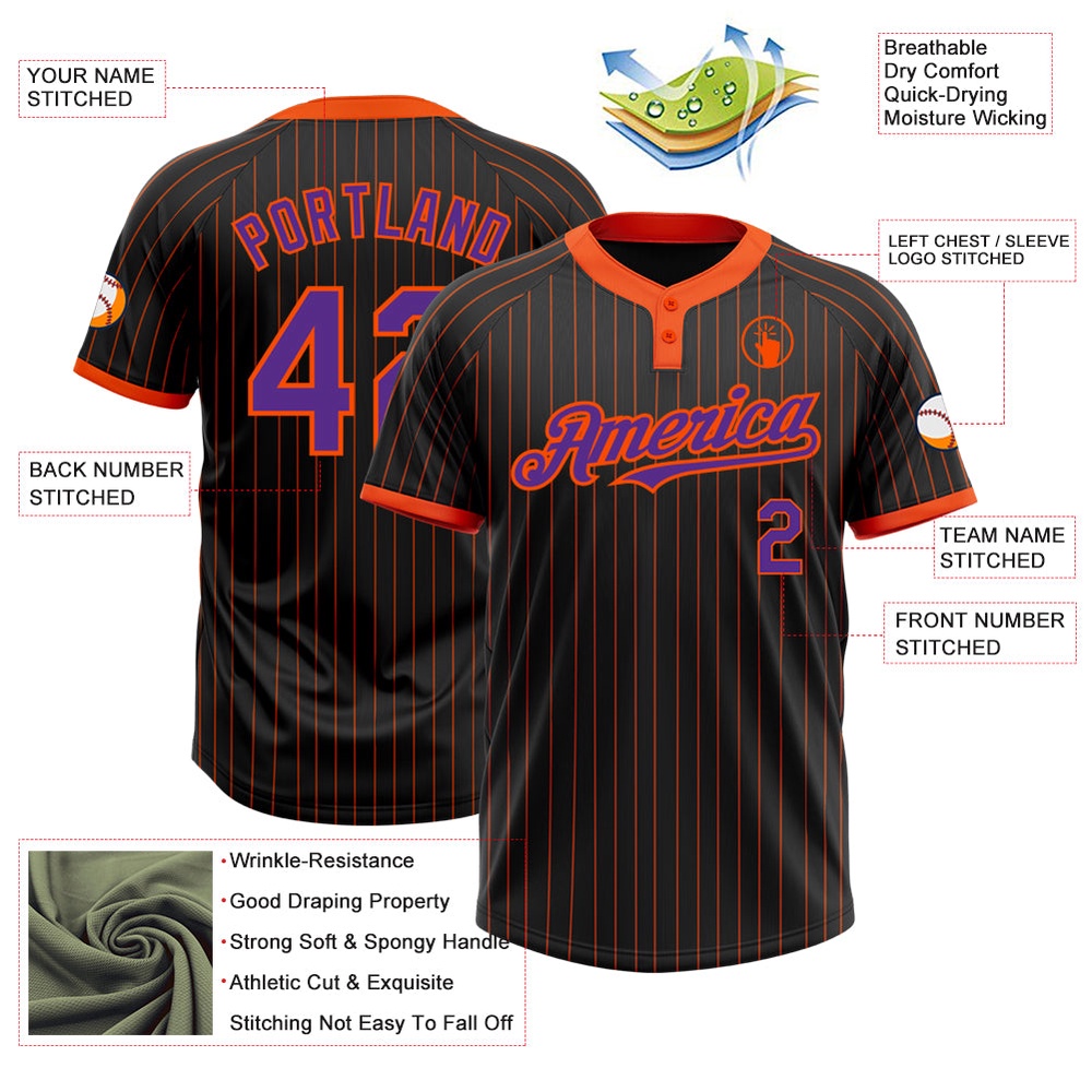Black Orange Pinstripe Purple Two Button Unisex Softball Jersey, Custom Team Softball Jersey Black Orange Pinstripe Purple Two Button Unisex Softball Jersey, Custom Team Softball Jersey