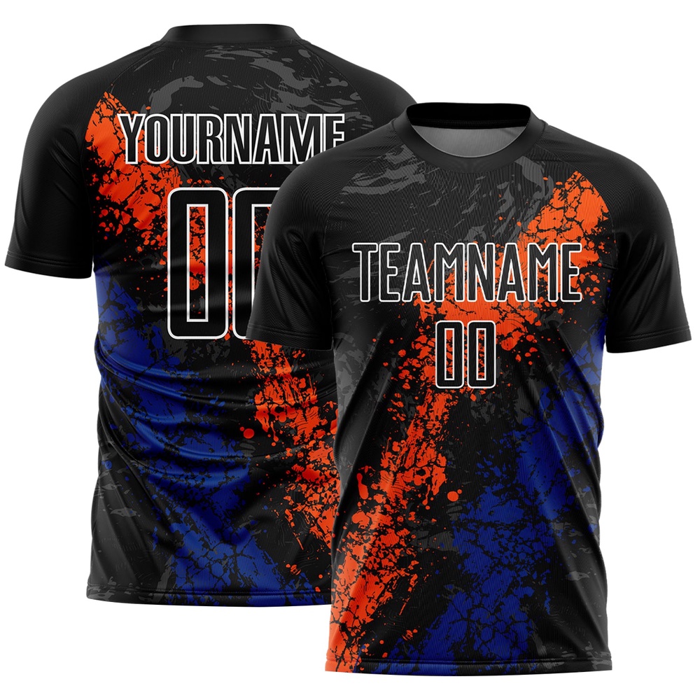 Black Orange Royal Dripping Splatter Art Sublimation Soccer Uniform Jersey, Custom Team Soccer Jersey Shirt Black Orange Royal Dripping Splatter Art Sublimation Soccer Uniform Jersey, Custom Team Soccer Jersey Shirt