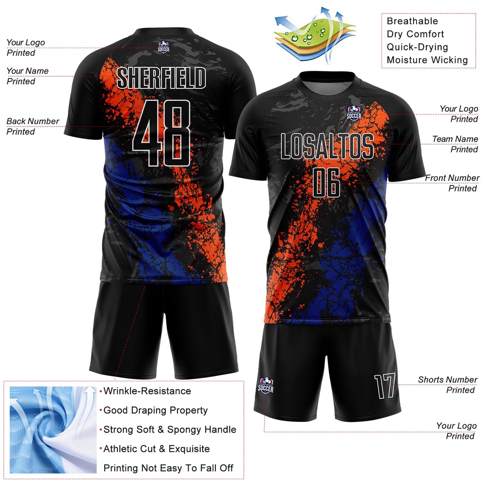 Black Orange Royal Dripping Splatter Art Sublimation Soccer Uniform Jersey, Custom Team Soccer Jersey Shirt Black Orange Royal Dripping Splatter Art Sublimation Soccer Uniform Jersey, Custom Team Soccer Jersey Shirt