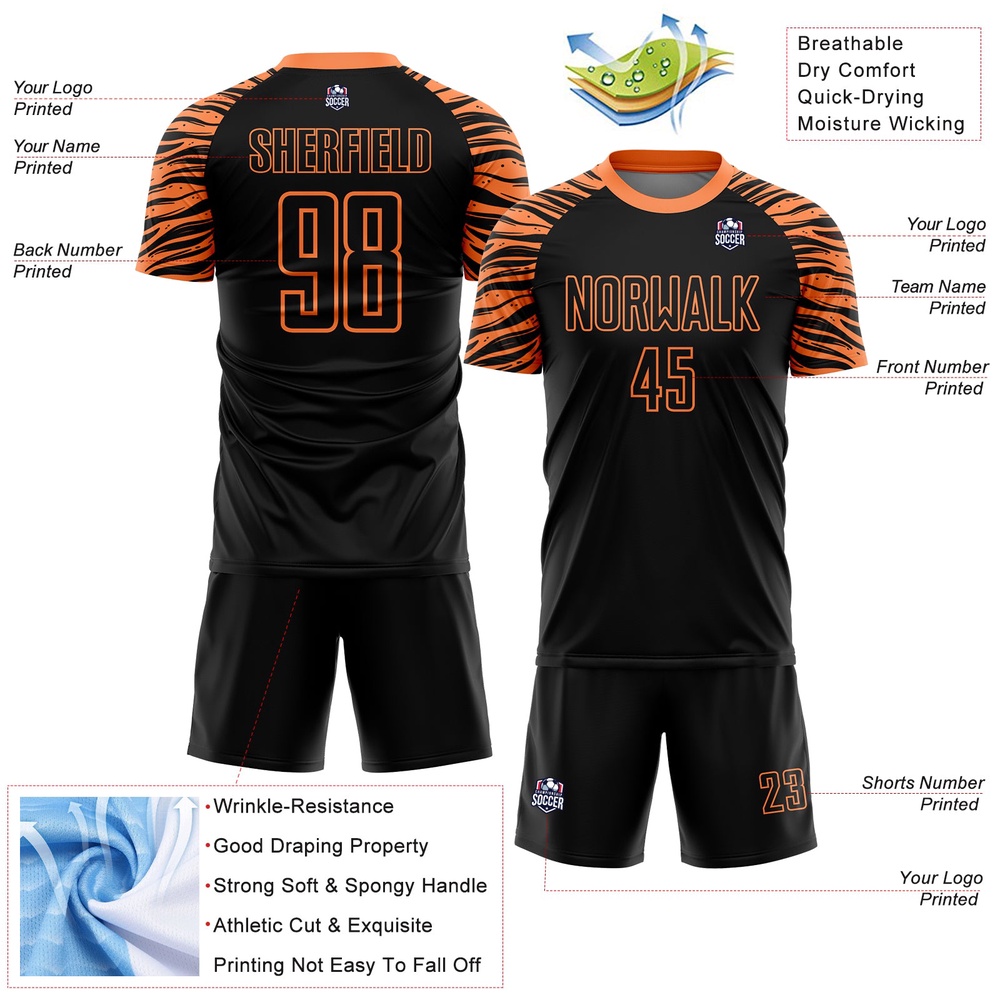 Black Orange Tiger Stripes Sublimation Soccer Uniform Jersey, Custom Team Soccer Jersey Shirt