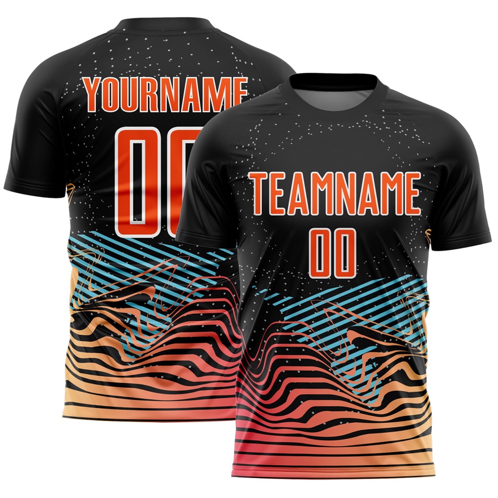 Black Orange White Lines Sublimation Soccer Uniform Jersey, Custom Team Soccer Jersey Shirt Black Orange White Lines Sublimation Soccer Uniform Jersey, Custom Team Soccer Jersey Shirt