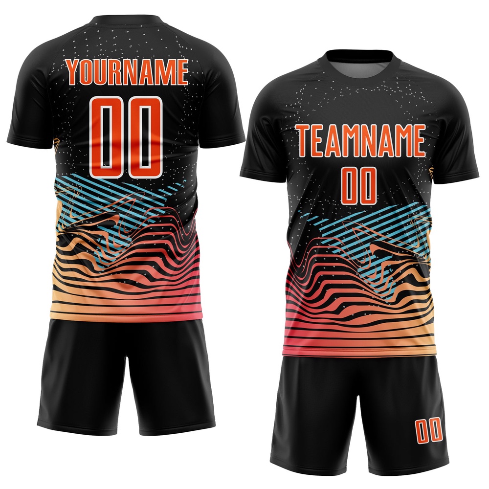 Black Orange White Lines Sublimation Soccer Uniform Jersey, Custom Team Soccer Jersey Shirt Black Orange White Lines Sublimation Soccer Uniform Jersey, Custom Team Soccer Jersey Shirt