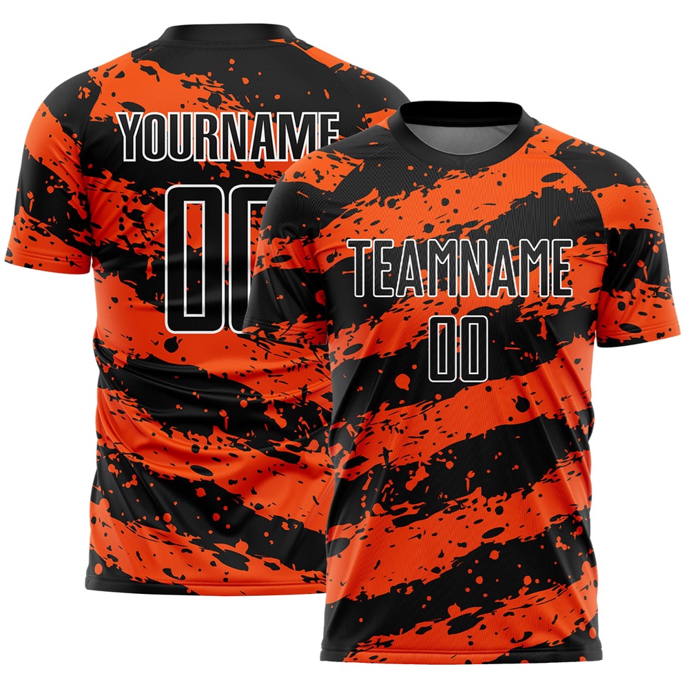 Black Orange White Splash Sublimation Soccer Uniform Jersey, Custom Team Soccer Jersey Shirt