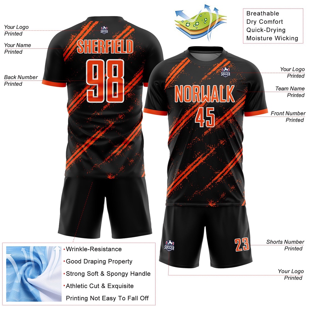 Black Orange White Sublimation Soccer Uniform Jersey, Custom Team Soccer Jersey Shirt