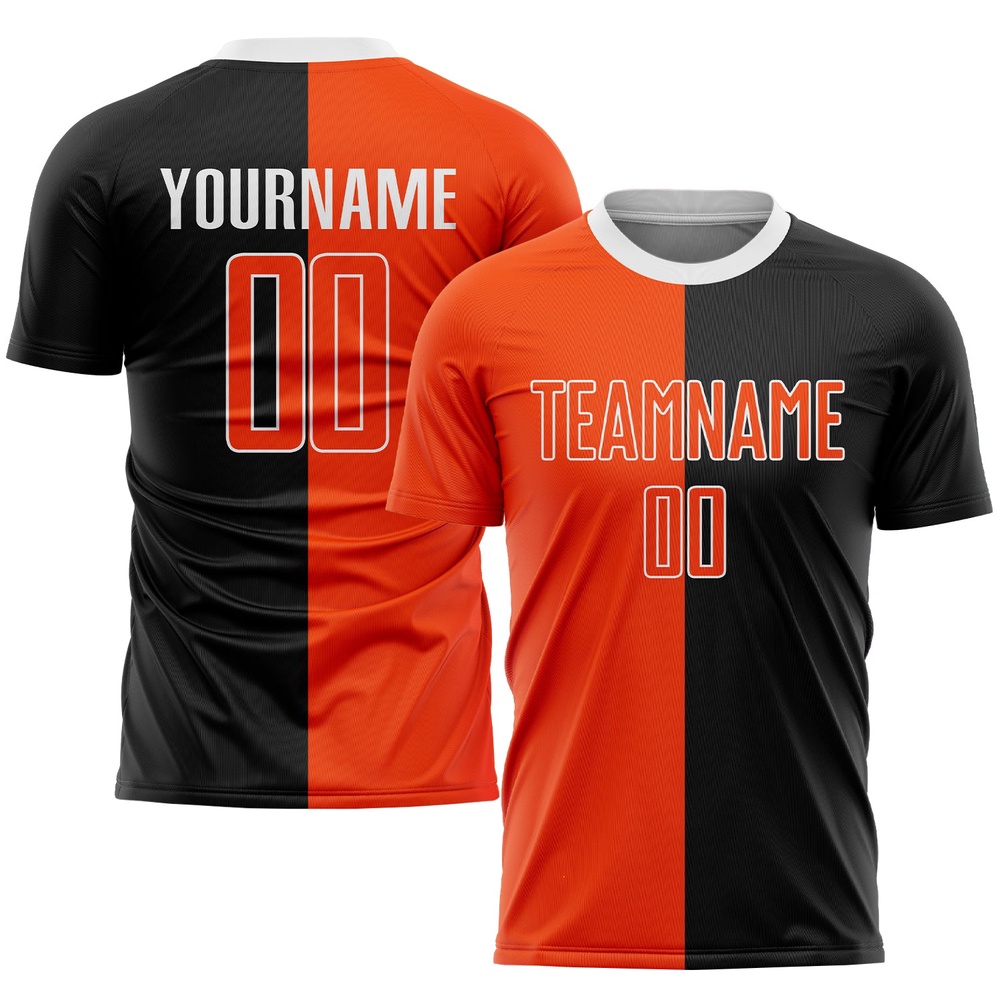 Black Orange White Sublimation Split Fashion Soccer Uniform Jersey, Custom Team Soccer Jersey Shirt