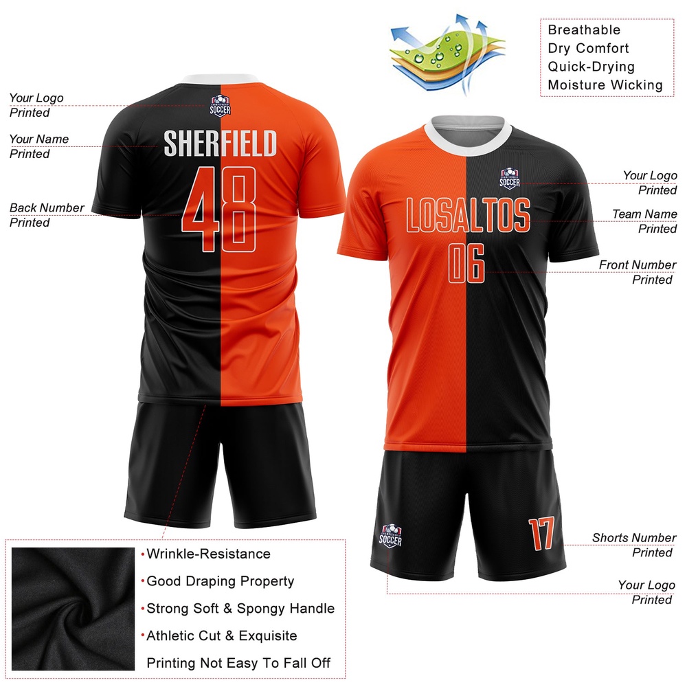 Black Orange White Sublimation Split Fashion Soccer Uniform Jersey, Custom Team Soccer Jersey Shirt