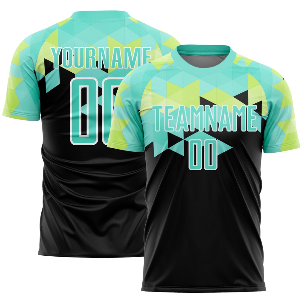 Black Pea Green White Geometric Shapes Sublimation Soccer Uniform Jersey, Custom Team Soccer Jersey Shirt