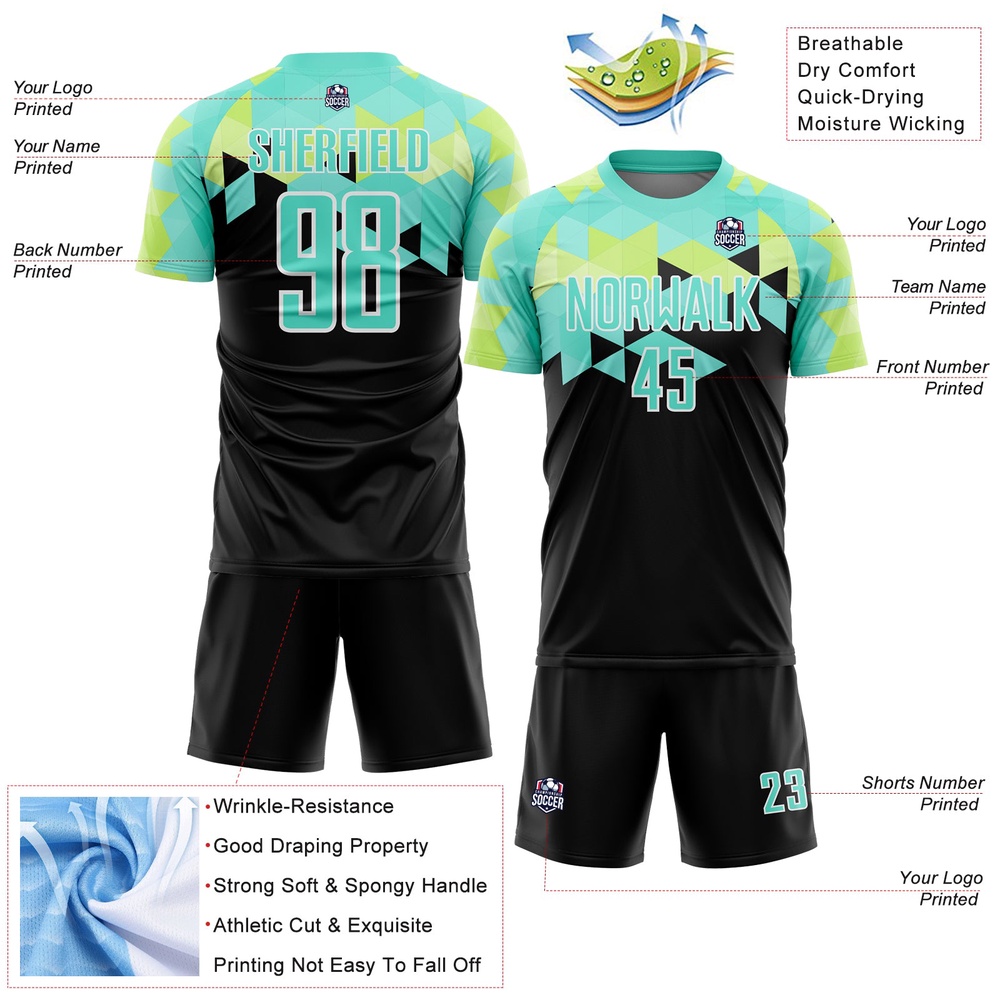 Black Pea Green White Geometric Shapes Sublimation Soccer Uniform Jersey, Custom Team Soccer Jersey Shirt