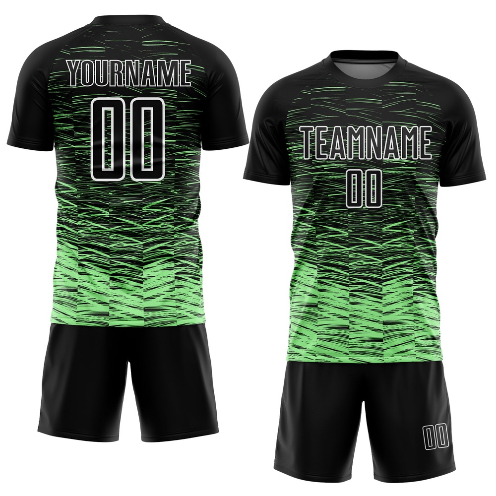 Black Pea Green White Line Sublimation Soccer Uniform Jersey, Custom Team Soccer Jersey Shirt