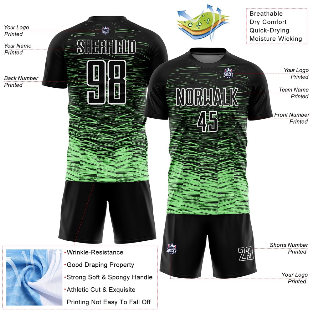 Black Pea Green White Line Sublimation Soccer Uniform Jersey, Custom Team Soccer Jersey Shirt