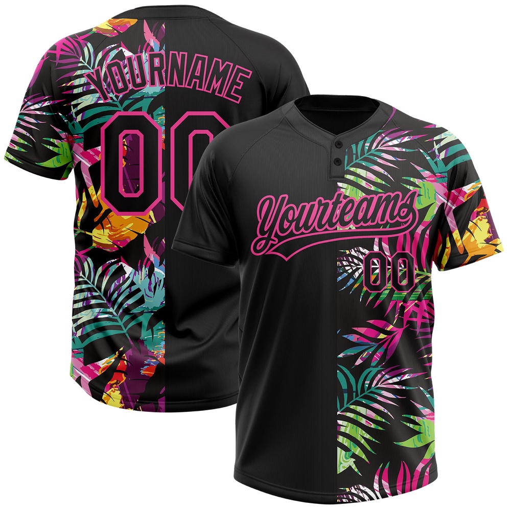 Black Pink 3D Pattern Hawaii Tropical Palm Leaves Two Button Unisex Softball Jersey, Custom Team Softball Jersey