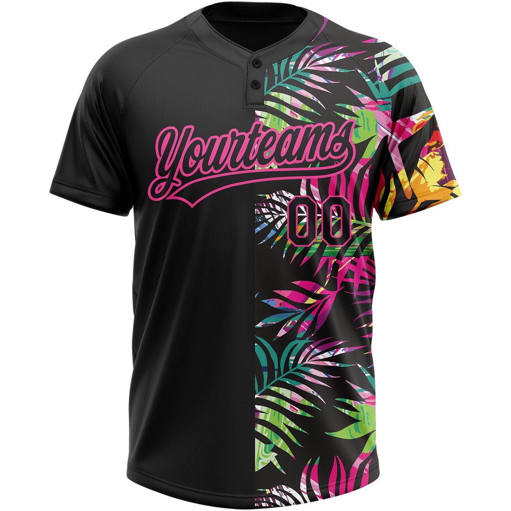 Black Pink 3D Pattern Hawaii Tropical Palm Leaves Two Button Unisex Softball Jersey, Custom Team Softball Jersey