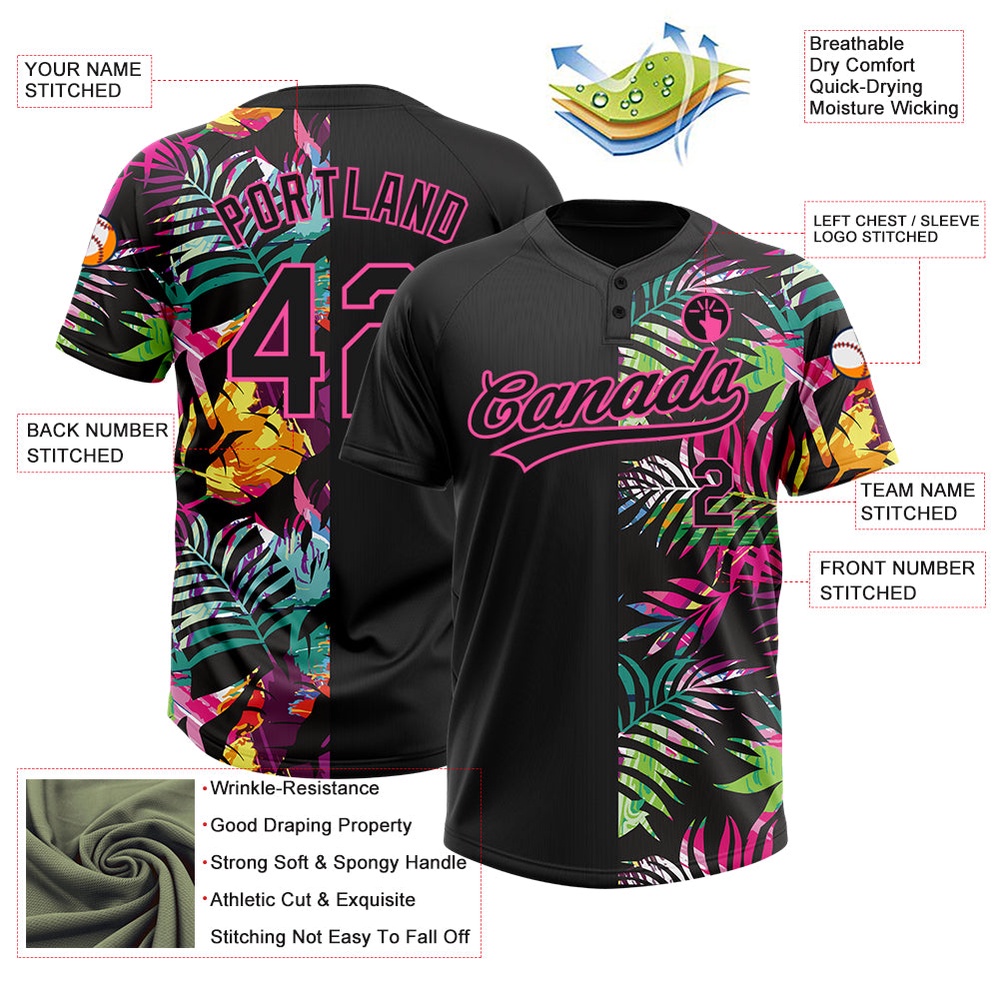 Black Pink 3D Pattern Hawaii Tropical Palm Leaves Two Button Unisex Softball Jersey, Custom Team Softball Jersey