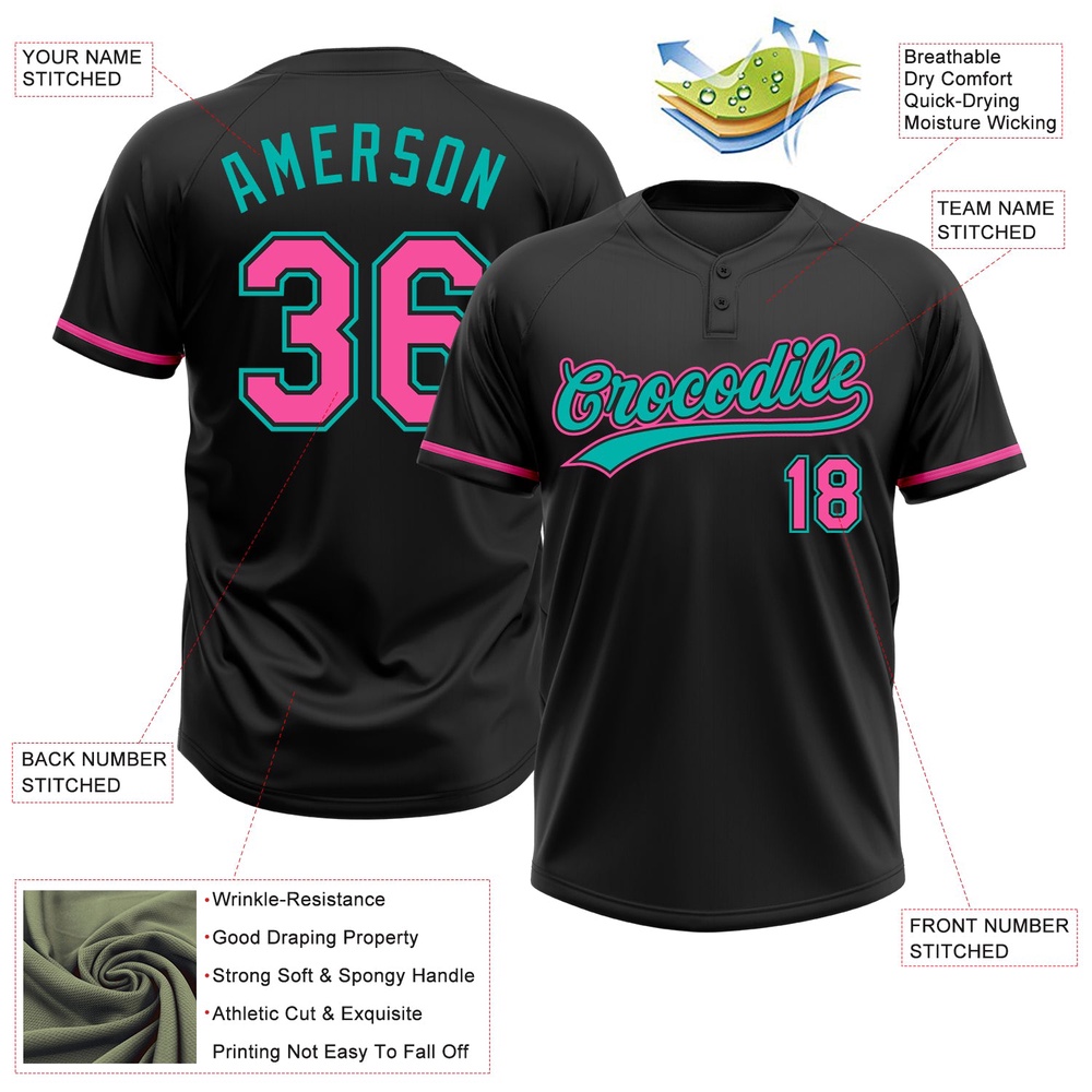 Black Pink Aqua Two Button Unisex Softball Jersey, Custom Team Softball Jersey Black Pink Aqua Two Button Unisex Softball Jersey, Custom Team Softball Jersey