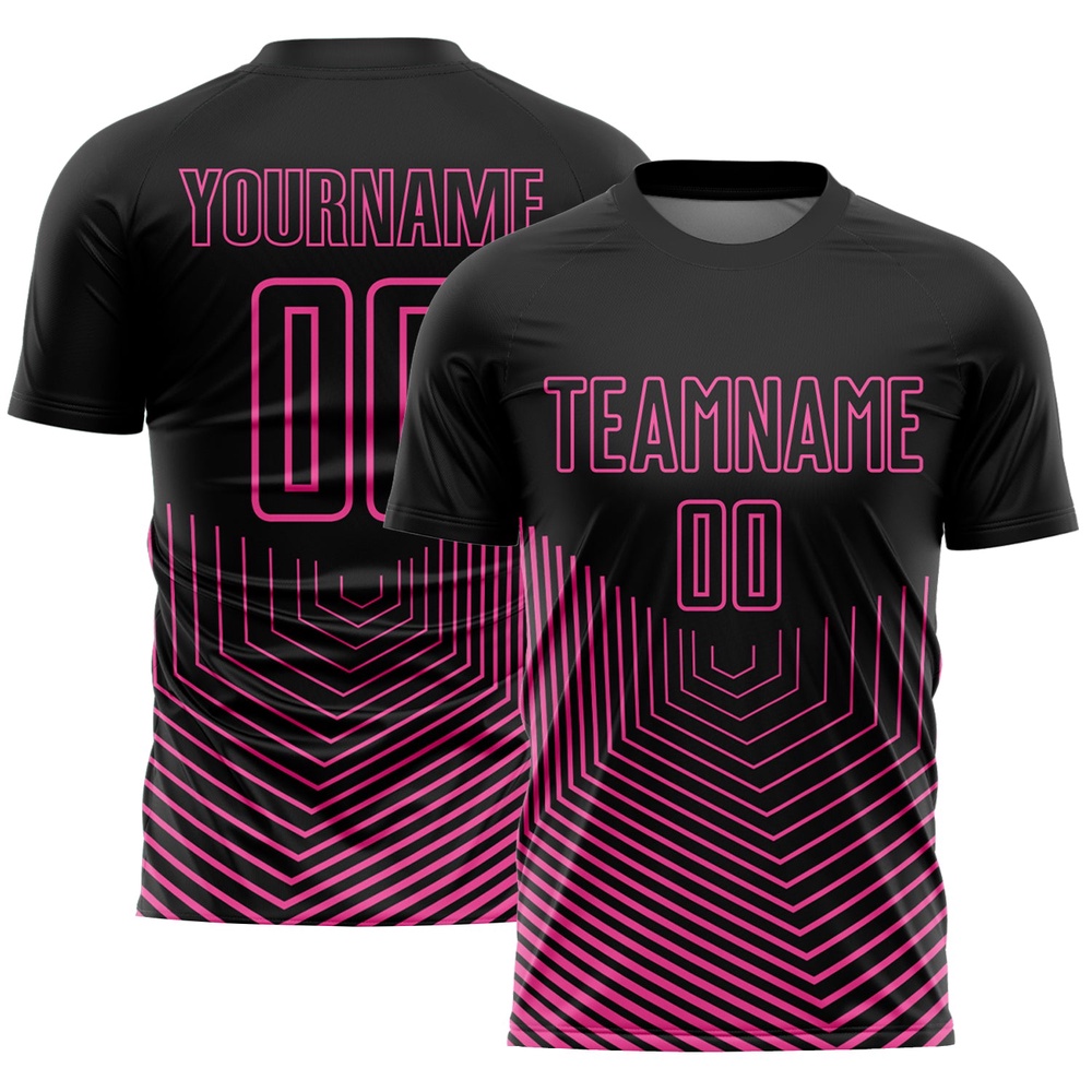 Black Pink Geometric Lines Sublimation Soccer Uniform Jersey, Custom Team Soccer Jersey Shirt