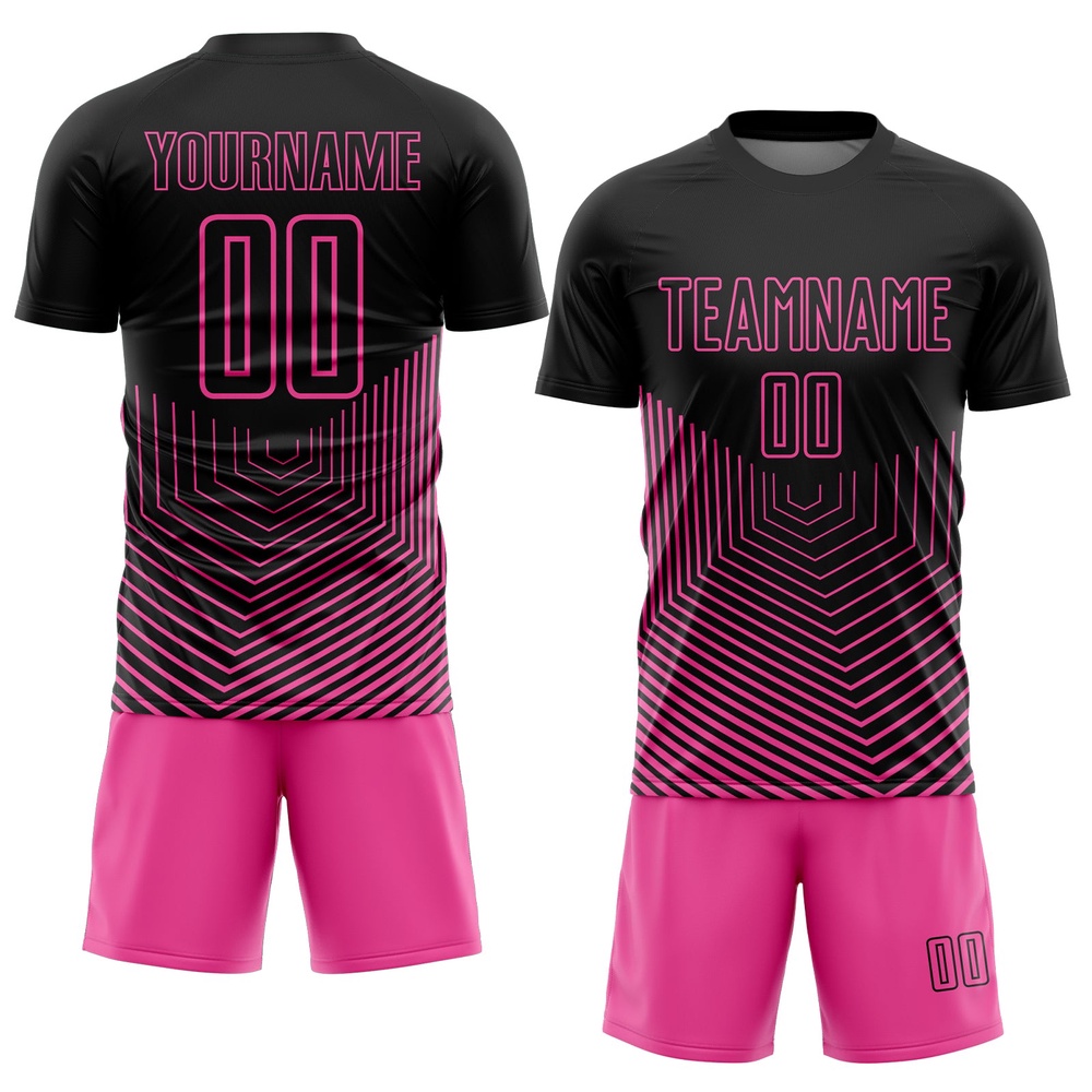 Black Pink Geometric Lines Sublimation Soccer Uniform Jersey, Custom Team Soccer Jersey Shirt