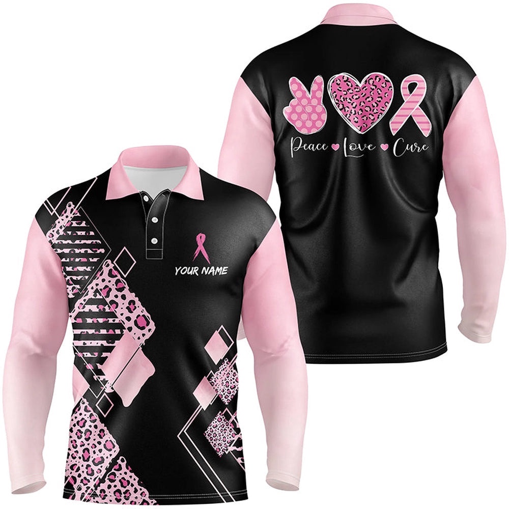 Black & Pink Leopard Pattern Men’s Golf Polo Shirts Breast Cancer Pink Ribbon Golf Shirts For Men, Golf Polo Shirt, Golf Shirts