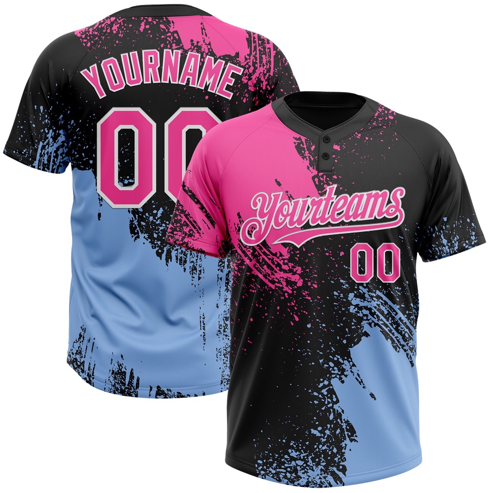 Black Pink Light Blue 3D Pattern Abstract Brush Stroke Two Button Unisex Softball Jersey, Custom Team Softball Jersey Black Pink Light Blue 3D Pattern Abstract Brush Stroke Two Button Unisex Softball Jersey, Custom Team Softball Jersey