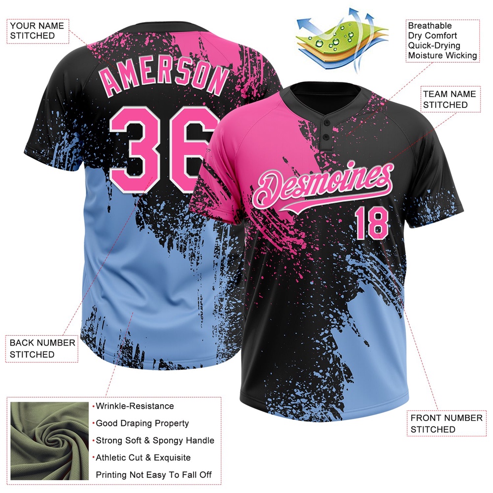 Black Pink Light Blue 3D Pattern Abstract Brush Stroke Two Button Unisex Softball Jersey, Custom Team Softball Jersey Black Pink Light Blue 3D Pattern Abstract Brush Stroke Two Button Unisex Softball Jersey, Custom Team Softball Jersey