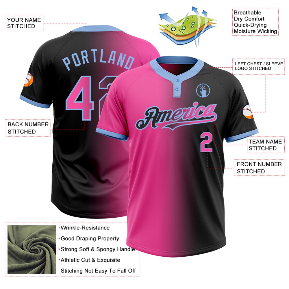 Black Pink Light Blue Gradient Fashion Two Button Unisex Softball Jersey, Custom Team Softball Jersey Black Pink Light Blue Gradient Fashion Two Button Unisex Softball Jersey, Custom Team Softball Jersey