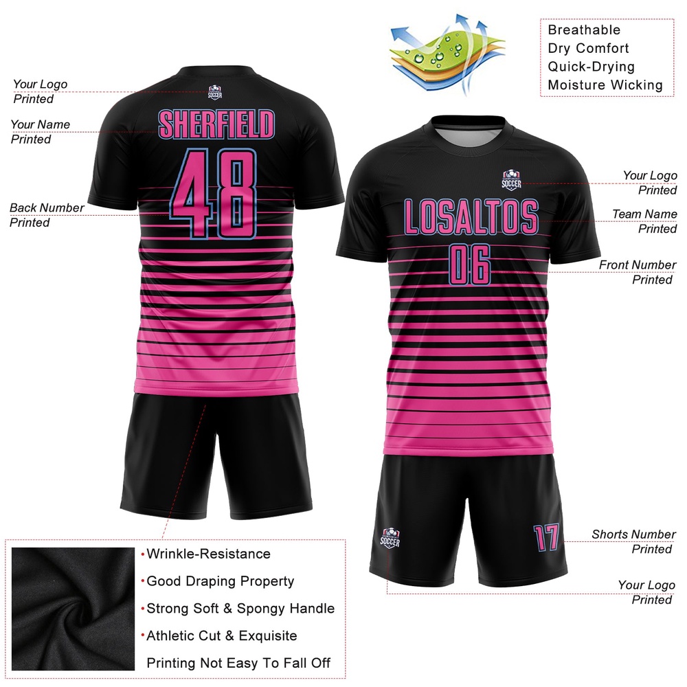 Black Pink Light Blue Pinstripe Fade Fashion Sublimation Soccer Uniform Jersey, Custom Team Soccer Jersey Shirt