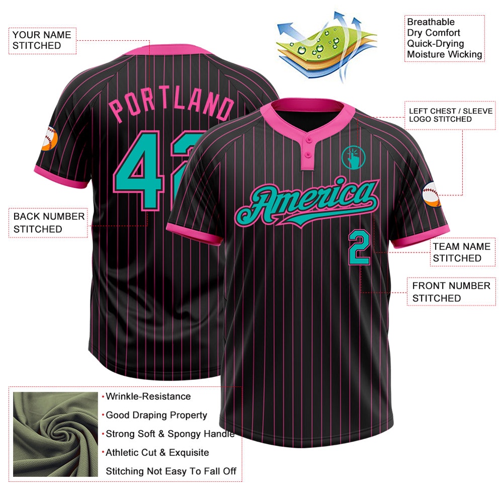 Black Pink Pinstripe Aqua Two Button Unisex Softball Jersey, Custom Team Softball Jersey Black Pink Pinstripe Aqua Two Button Unisex Softball Jersey, Custom Team Softball Jersey