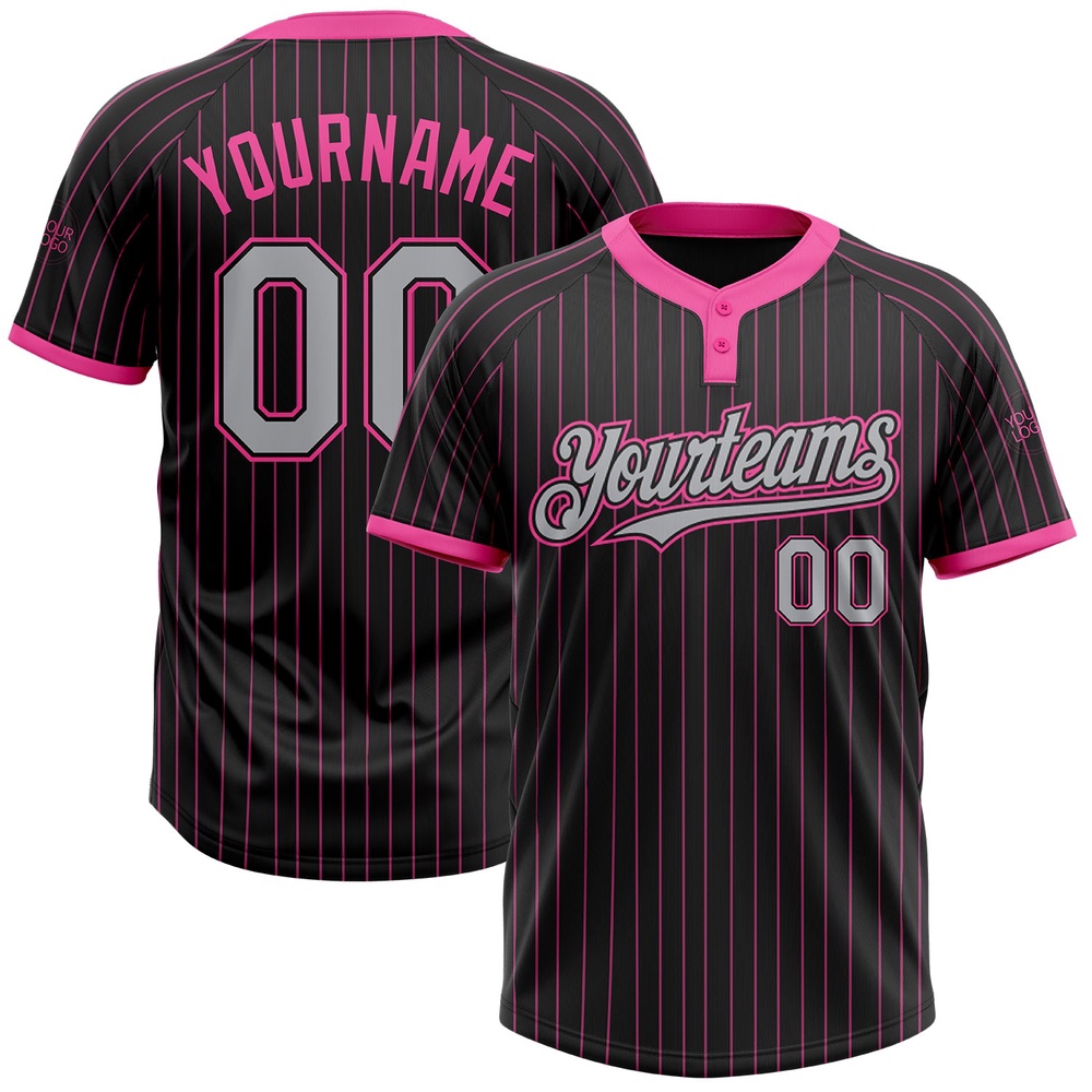 Black Pink Pinstripe Gray Two Button Unisex Softball Jersey, Custom Team Softball Jersey