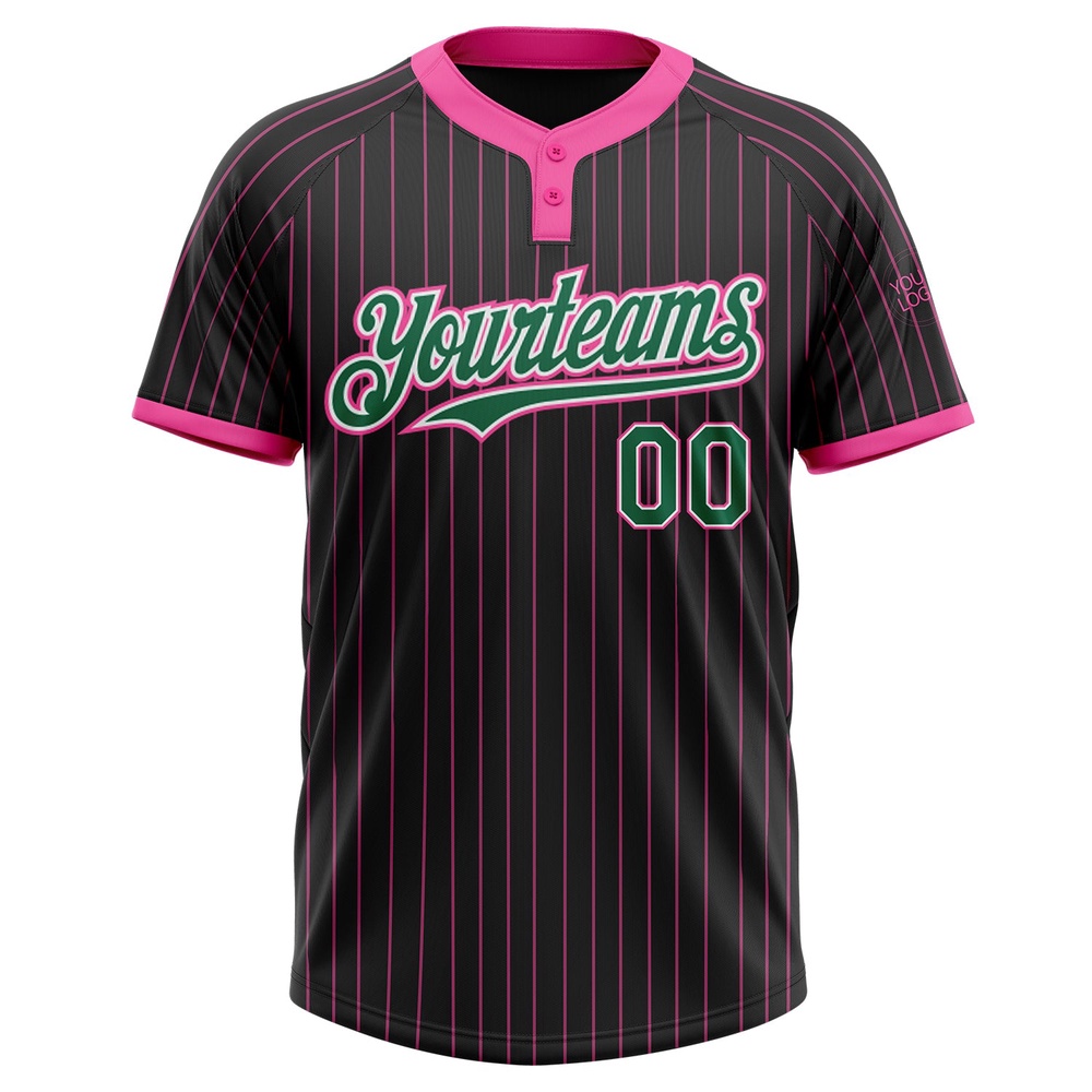 Black Pink Pinstripe Kelly Green White Two Button Unisex Softball Jersey, Custom Team Softball Jersey Black Pink Pinstripe Kelly Green White Two Button Unisex Softball Jersey, Custom Team Softball Jersey
