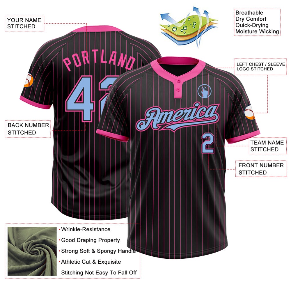 Black Pink Pinstripe Light Blue Two Button Unisex Softball Jersey, Custom Team Softball Jersey