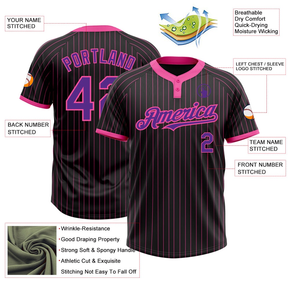 Black Pink Pinstripe Purple Two Button Unisex Softball Jersey, Custom Team Softball Jersey Black Pink Pinstripe Purple Two Button Unisex Softball Jersey, Custom Team Softball Jersey