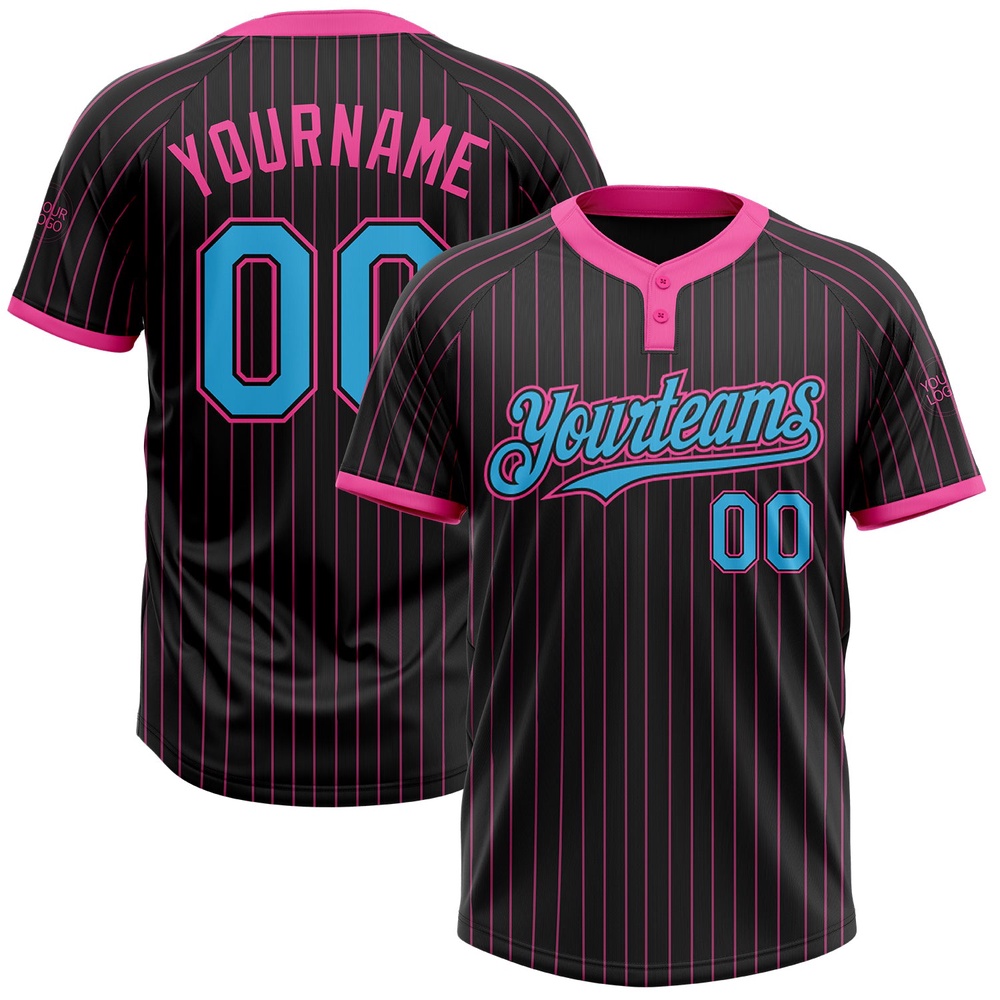 Black Pink Pinstripe Sky Blue Two Button Unisex Softball Jersey, Custom Team Softball Jersey Black Pink Pinstripe Sky Blue Two Button Unisex Softball Jersey, Custom Team Softball Jersey