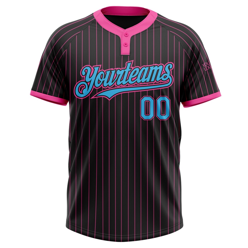 Black Pink Pinstripe Sky Blue Two Button Unisex Softball Jersey, Custom Team Softball Jersey Black Pink Pinstripe Sky Blue Two Button Unisex Softball Jersey, Custom Team Softball Jersey