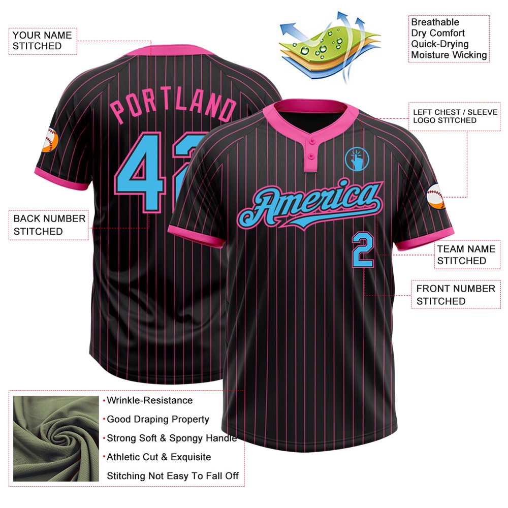 Black Pink Pinstripe Sky Blue Two Button Unisex Softball Jersey, Custom Team Softball Jersey Black Pink Pinstripe Sky Blue Two Button Unisex Softball Jersey, Custom Team Softball Jersey