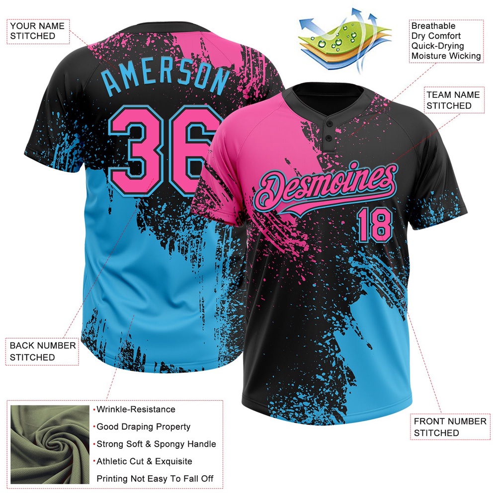 Black Pink Sky Blue 3D Pattern Abstract Brush Stroke Two Button Unisex Softball Jersey, Custom Team Softball Jersey Black Pink Sky Blue 3D Pattern Abstract Brush Stroke Two Button Unisex Softball Jersey, Custom Team Softball Jersey