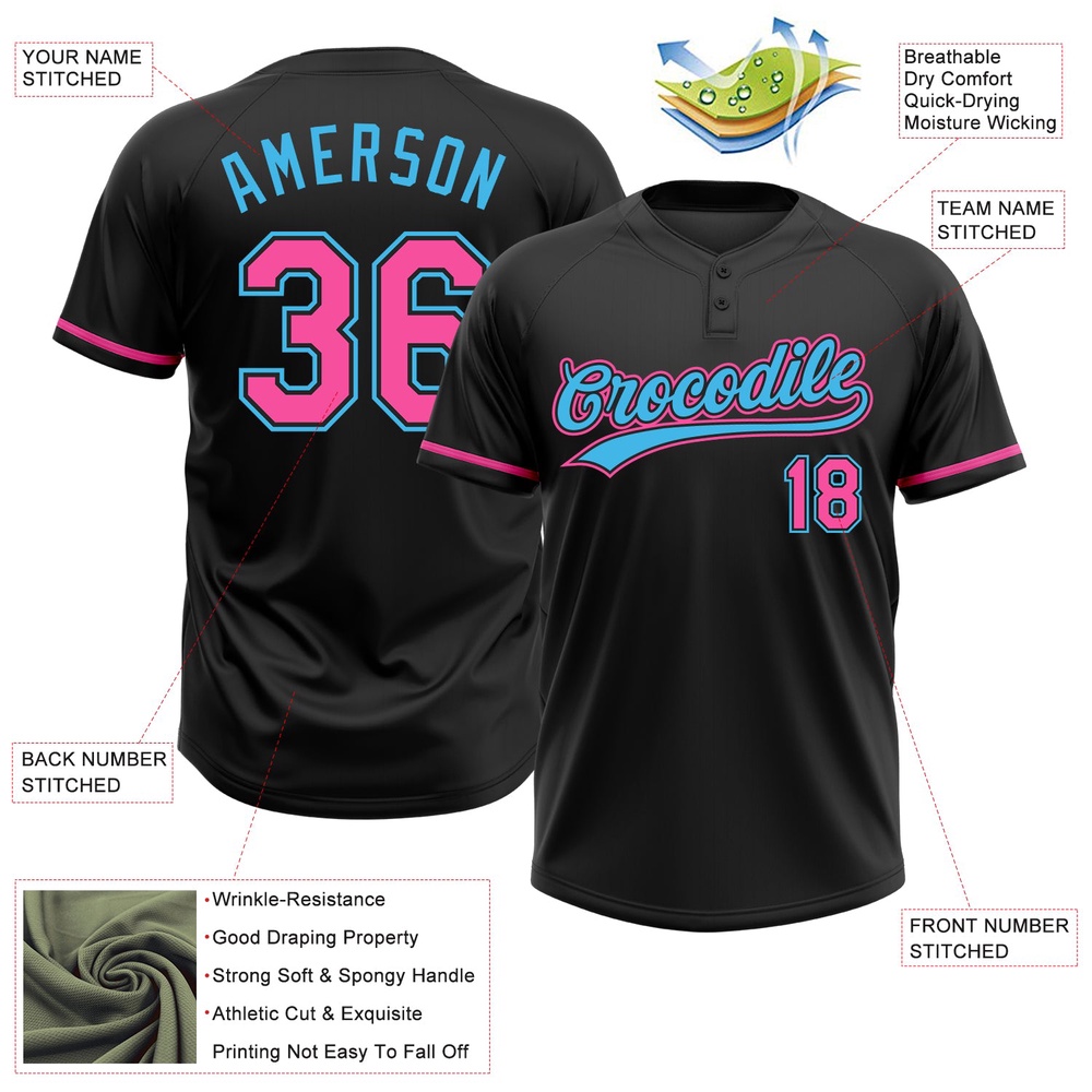 Black Pink Sky Blue Two Button Unisex Softball Jersey, Custom Team Softball Jersey Black Pink Sky Blue Two Button Unisex Softball Jersey, Custom Team Softball Jersey