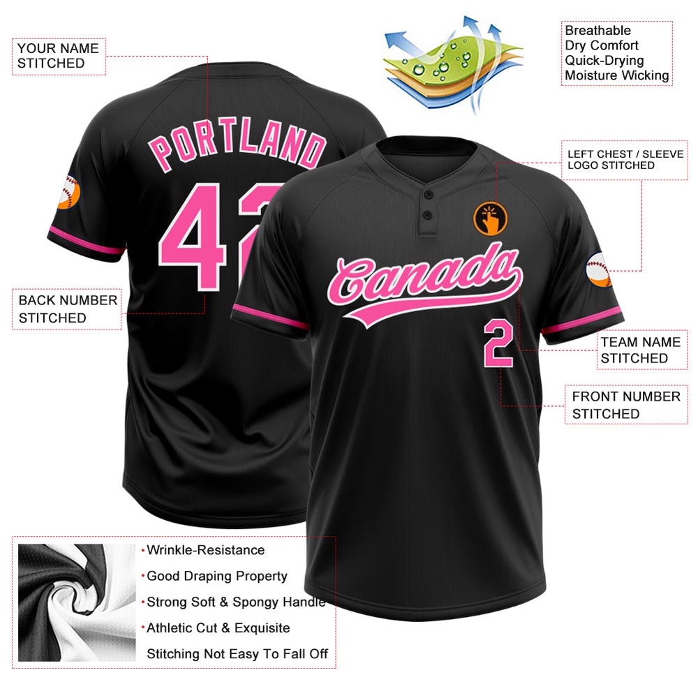 Black Pink White Two Button Unisex Softball Jersey, Custom Team Softball Jersey