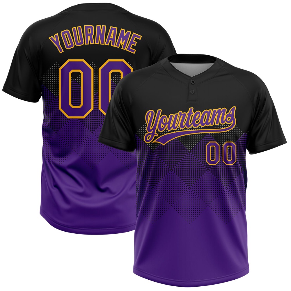 Black Purple Gold 3D Pattern Gradient Square Shapes Two Button Unisex Softball Jersey, Custom Team Softball Jersey