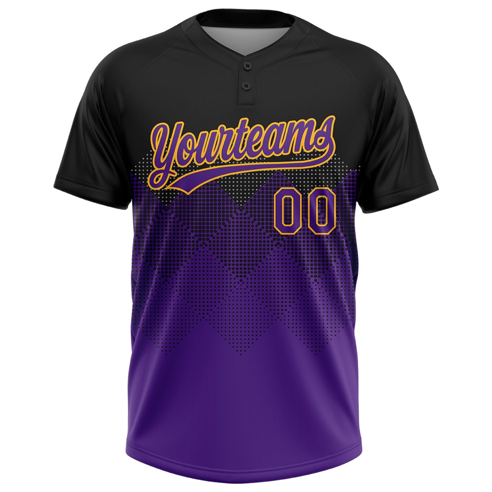 Black Purple Gold 3D Pattern Gradient Square Shapes Two Button Unisex Softball Jersey, Custom Team Softball Jersey