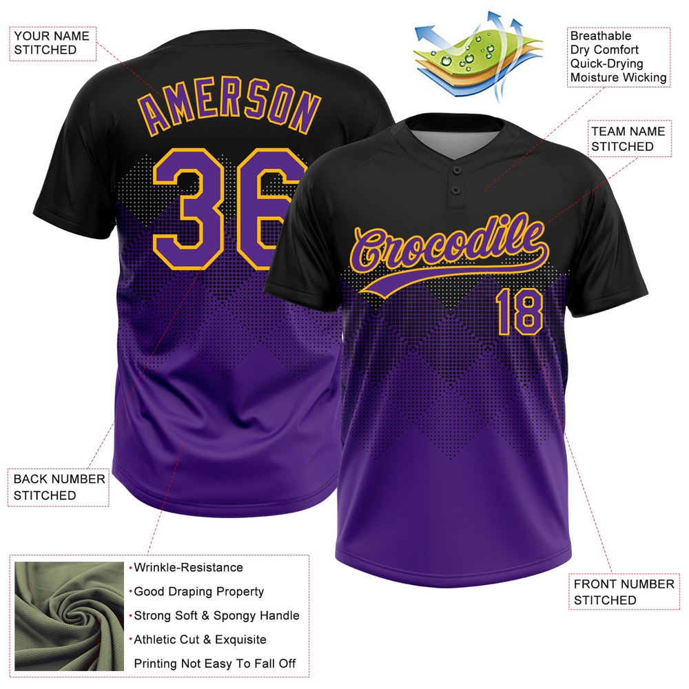 Black Purple Gold 3D Pattern Gradient Square Shapes Two Button Unisex Softball Jersey, Custom Team Softball Jersey
