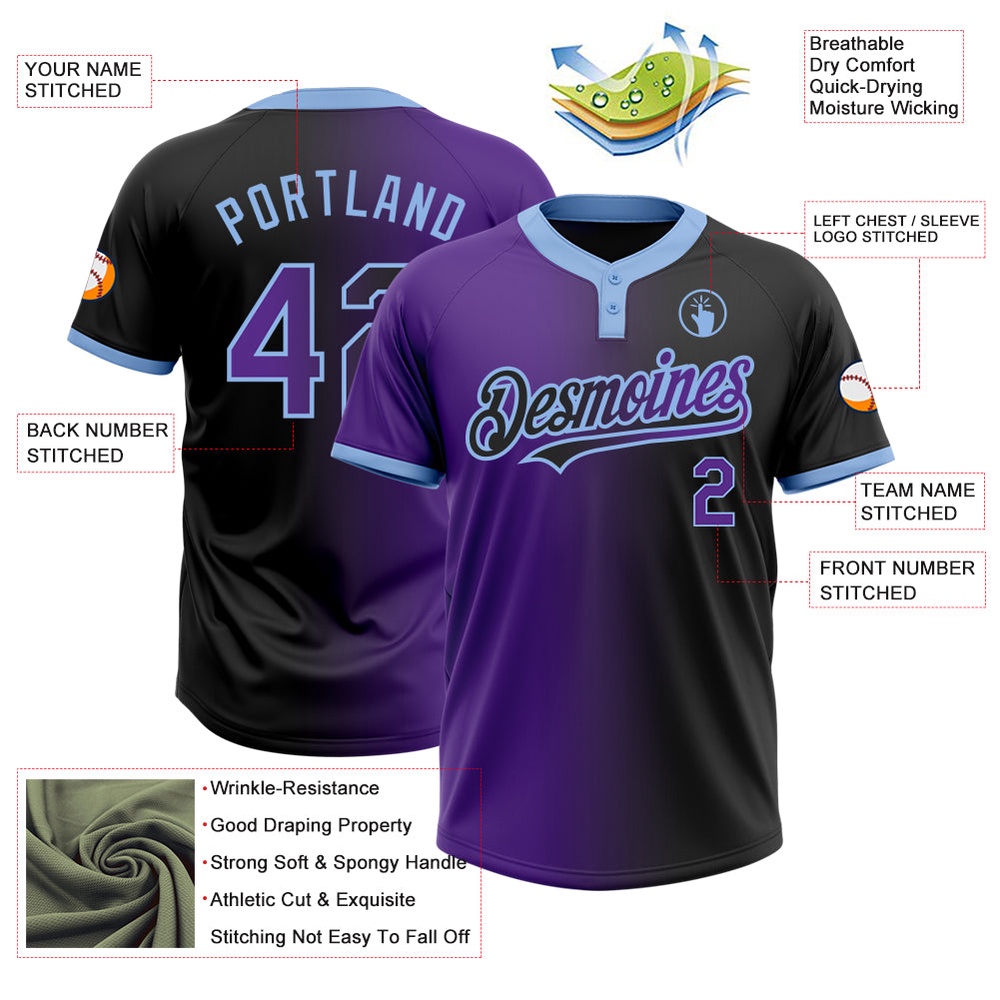 Black Purple Light Blue Gradient Fashion Two Button Unisex Softball Jersey, Custom Team Softball Jersey
