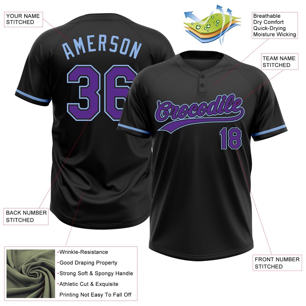 Black Purple Light Blue Two Button Unisex Softball Jersey, Custom Team Softball Jersey Black Purple Light Blue Two Button Unisex Softball Jersey, Custom Team Softball Jersey