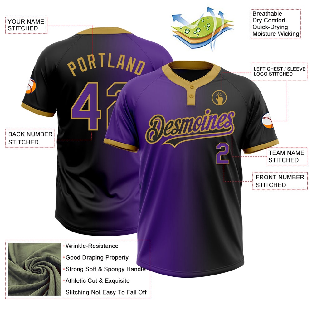 Black Purple Old Gold Gradient Fashion Two Button Unisex Softball Jersey, Custom Team Softball Jersey Black Purple Old Gold Gradient Fashion Two Button Unisex Softball Jersey, Custom Team Softball Jersey