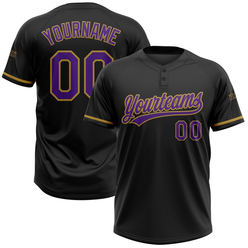 Black Purple Old Gold Two Button Unisex Softball Jersey, Custom Team Softball Jersey